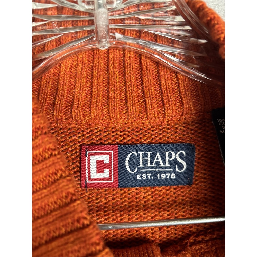 Chaps Men's Sweater Large Orange Mock Neck Henley Elbow Patches Suede Trim 2982 - Picture 4 of 13